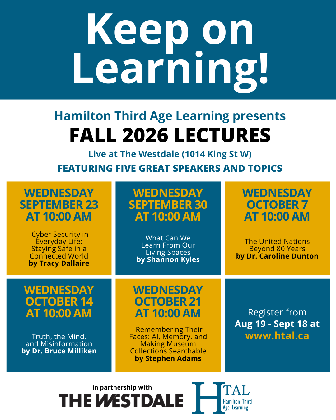 HTAL FALL 2026 poster Keep on Learning this is the schedule and Speakers for the Fall 2026 Series.